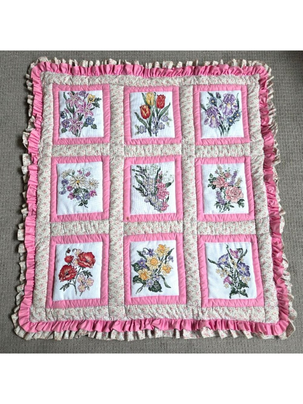 Handmade Hand Cross Stitched Embroidered Pink Floral Quilted Wall Hanging READ